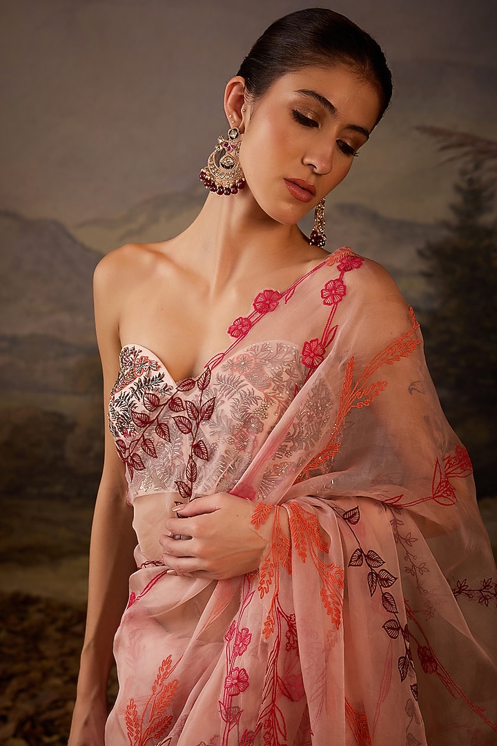 Blush Pink Cotton Silk Floral Embroidered Reception Saree Set by Samant Chauhan at Pernia's Pop Up Shop
