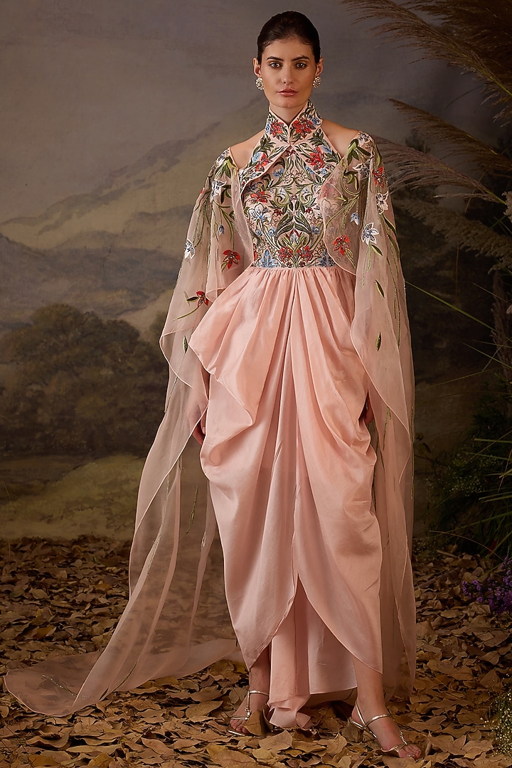 Blush Pink Cotton Silk Floral Embroidered Engagement Gown by Samant Chauhan at Pernia's Pop Up Shop