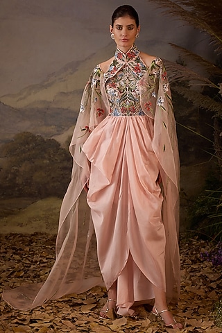 Blush Pink Cotton Silk Floral Embroidered Gown by Samant Chauhan