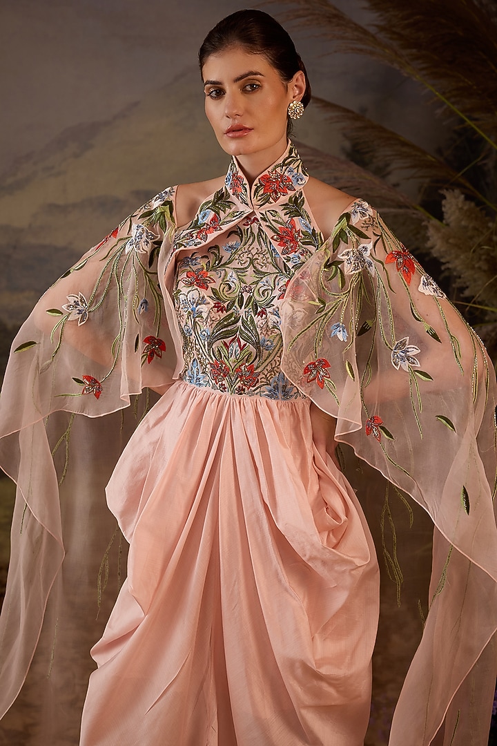 Blush Pink Cotton Silk Floral Embroidered Engagement Gown by Samant Chauhan at Pernia's Pop Up Shop