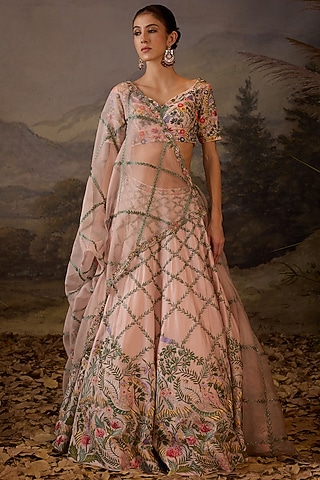 Pastel Pink Cotton Silk Floral Embroidered Lehenga Set by Samant Chauhan