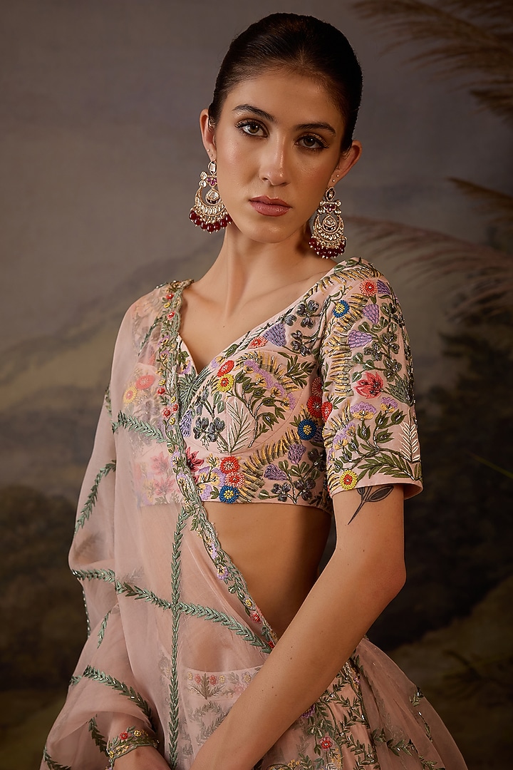 Pastel Pink Cotton Silk Floral Embroidered Bridal Lehenga Set by Samant Chauhan at Pernia's Pop Up Shop
