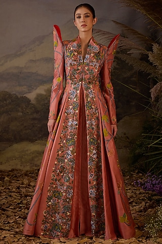 Peach Cotton Silk Floral Embroidered Gown by Samant Chauhan