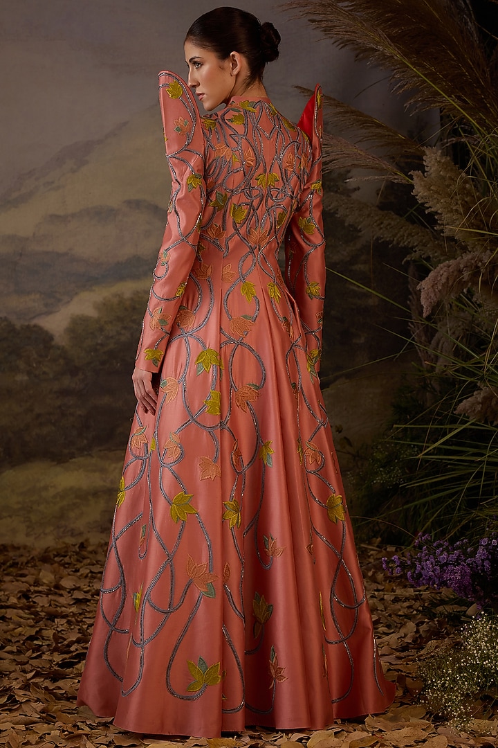 Peach Cotton Silk Floral Embroidered Wedding Gown by Samant Chauhan at Pernia's Pop Up Shop