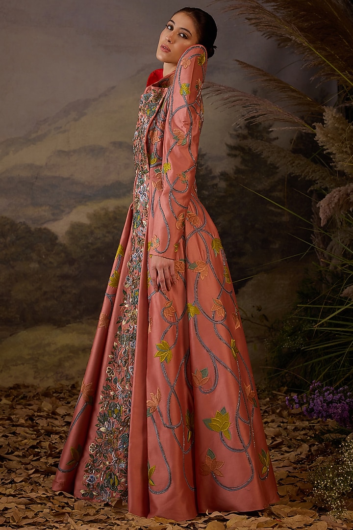 Peach Cotton Silk Floral Embroidered Wedding Gown by Samant Chauhan at Pernia's Pop Up Shop