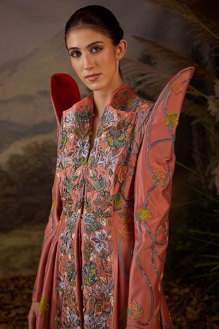 Peach Cotton Silk Floral Embroidered Wedding Gown by Samant Chauhan at Pernia's Pop Up Shop