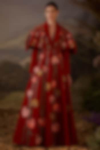 Red Velvet Silk Thread Embroidered Wedding Gown by Samant Chauhan at Pernia's Pop Up Shop