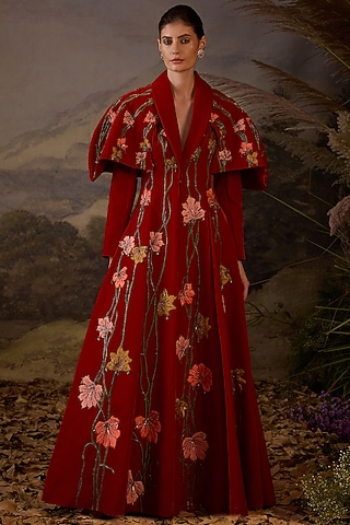 Red Velvet Silk Thread Embroidered Gown by Samant Chauhan