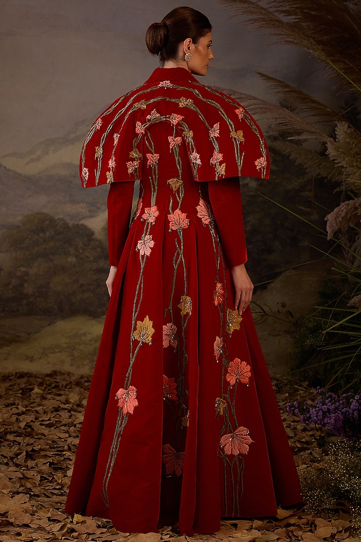 Red Velvet Silk Thread Embroidered Wedding Gown by Samant Chauhan at Pernia's Pop Up Shop