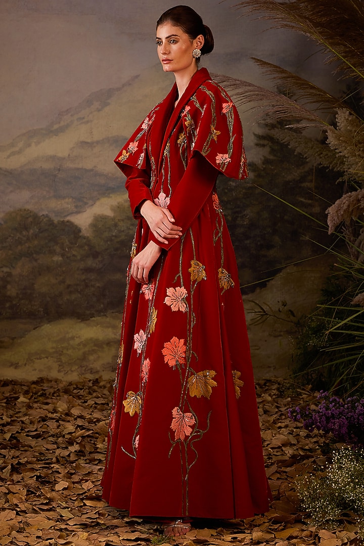 Red Velvet Silk Thread Embroidered Wedding Gown by Samant Chauhan at Pernia's Pop Up Shop