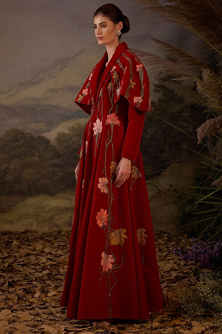 Red Velvet Silk Thread Embroidered Wedding Gown by Samant Chauhan at Pernia's Pop Up Shop