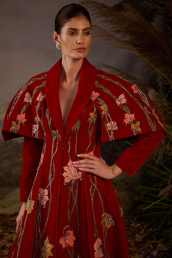 Red Velvet Silk Thread Embroidered Wedding Gown by Samant Chauhan at Pernia's Pop Up Shop