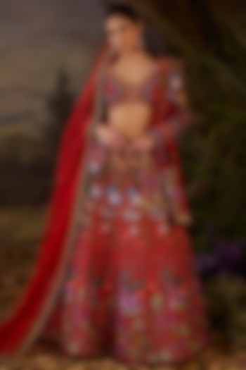 Red Cotton Silk & Organza Bridal Lehenga Set by Samant Chauhan at Pernia's Pop Up Shop