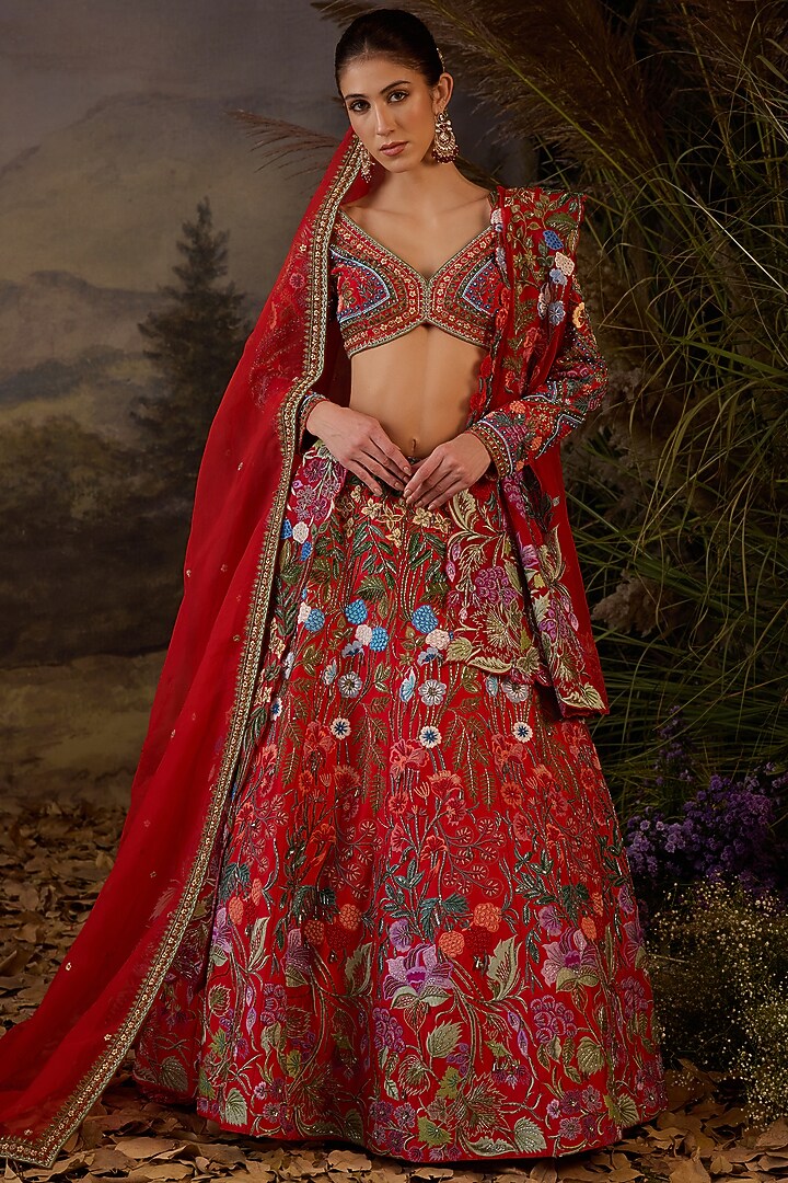 Red Cotton Silk & Organza Bridal Lehenga Set by Samant Chauhan at Pernia's Pop Up Shop