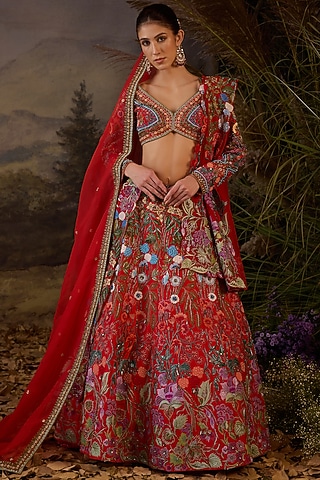 Red Cotton Silk & Organza Lehenga Set by Samant Chauhan
