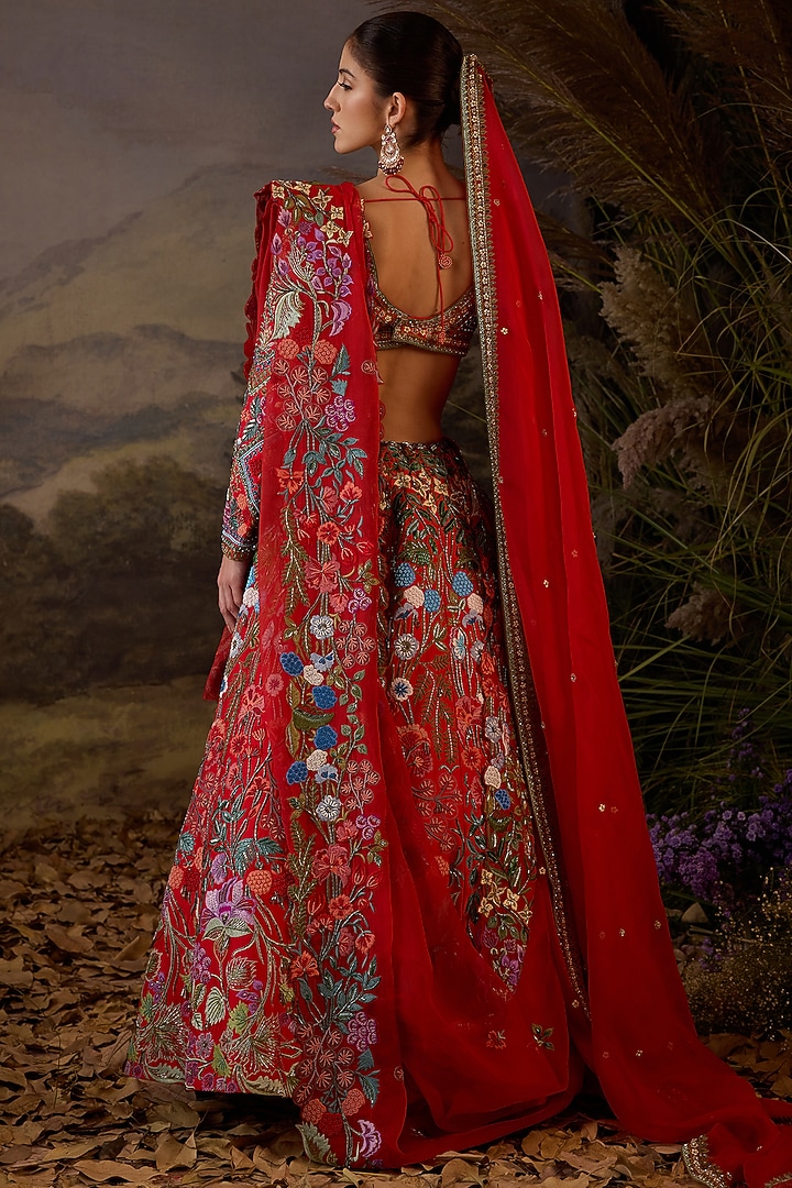 Red Cotton Silk & Organza Bridal Lehenga Set by Samant Chauhan at Pernia's Pop Up Shop
