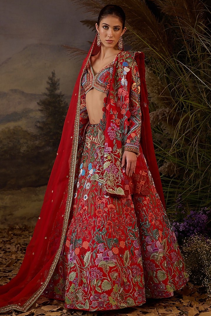 Red Cotton Silk & Organza Bridal Lehenga Set by Samant Chauhan at Pernia's Pop Up Shop