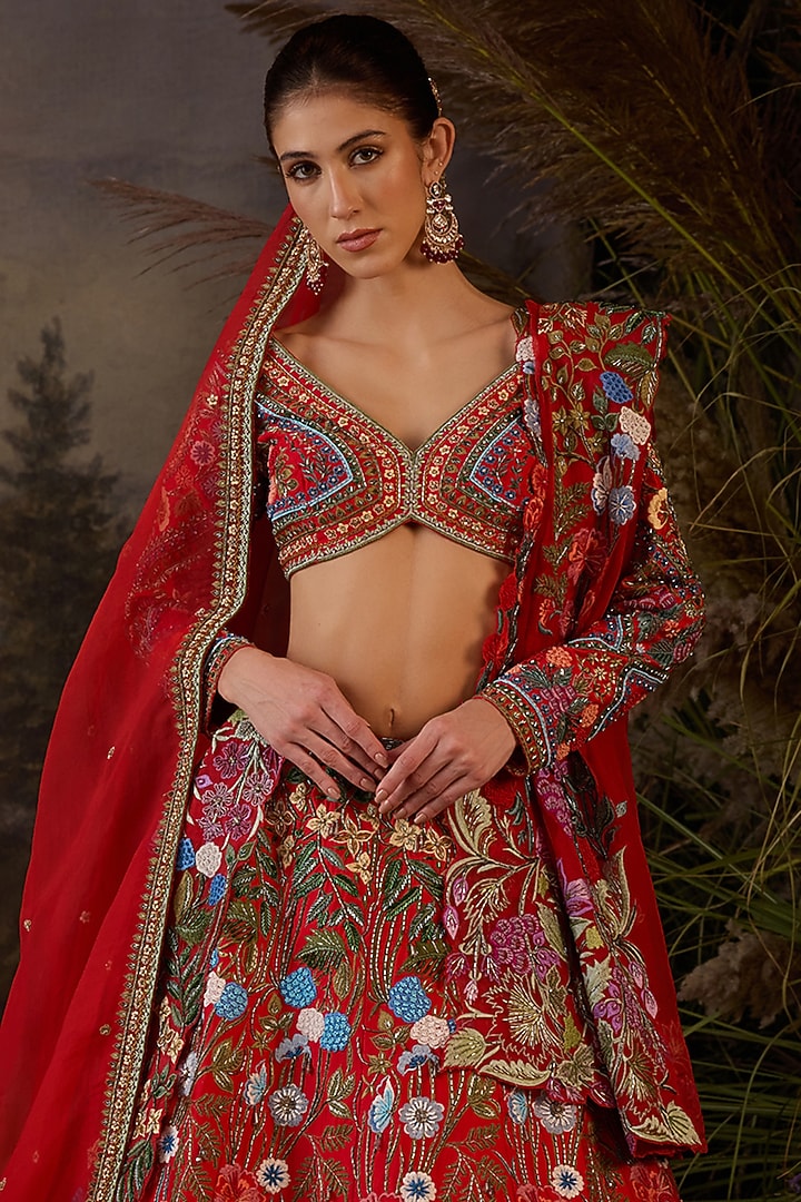 Red Cotton Silk & Organza Bridal Lehenga Set by Samant Chauhan at Pernia's Pop Up Shop