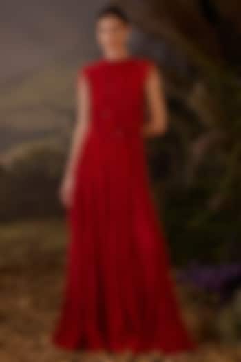 Red Cotton Silk Lace Embroidered Maxi Party Wear Dress by Samant Chauhan at Pernia's Pop Up Shop