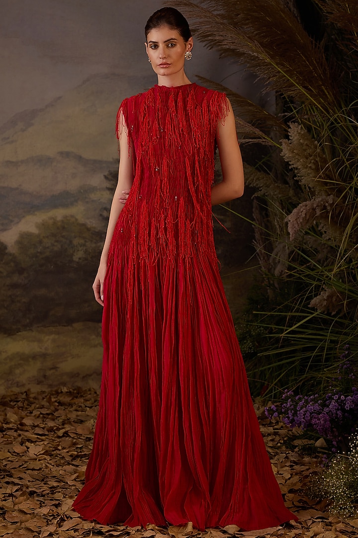Red Cotton Silk Lace Embroidered Maxi Party Wear Dress by Samant Chauhan at Pernia's Pop Up Shop