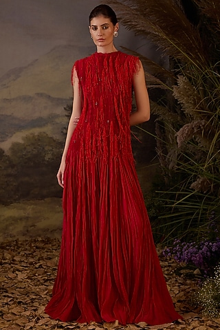 Red Cotton Silk Lace Embroidered Maxi Dress by Samant Chauhan