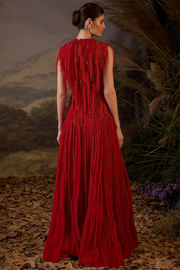 Red Cotton Silk Lace Embroidered Maxi Party Wear Dress by Samant Chauhan at Pernia's Pop Up Shop
