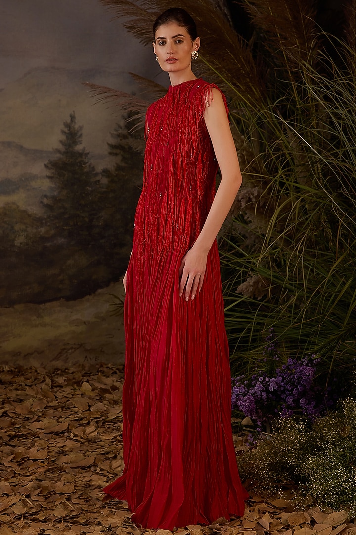 Red Cotton Silk Lace Embroidered Maxi Party Wear Dress by Samant Chauhan at Pernia's Pop Up Shop