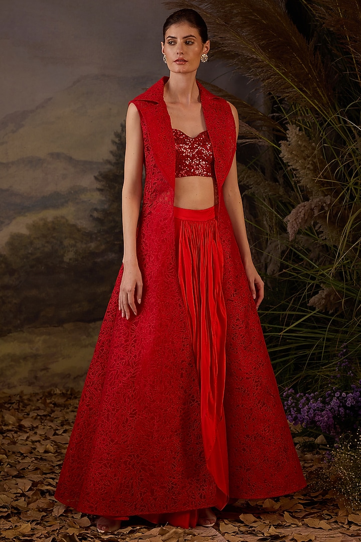 Red Net & Satin Thread Embroidered Jacket Set by Samant Chauhan at Pernia's Pop Up Shop