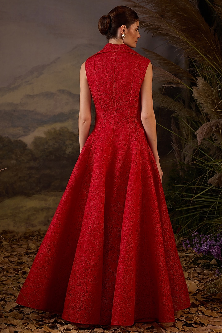 Red Net & Satin Thread Embroidered Jacket Set by Samant Chauhan at Pernia's Pop Up Shop