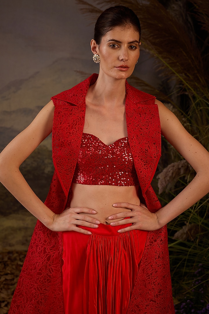 Red Net & Satin Thread Embroidered Jacket Set by Samant Chauhan at Pernia's Pop Up Shop