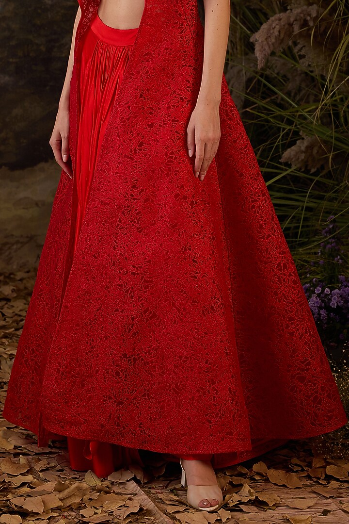 Red Net & Satin Thread Embroidered Jacket Set by Samant Chauhan at Pernia's Pop Up Shop