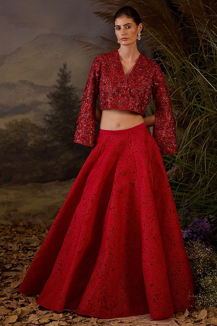 Red Organza Silk & Net Silk Thread Embroidered Skirt Set by Samant Chauhan at Pernia's Pop Up Shop