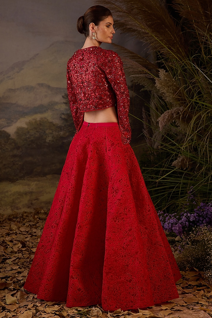 Red Organza Silk & Net Silk Thread Embroidered Skirt Set by Samant Chauhan at Pernia's Pop Up Shop