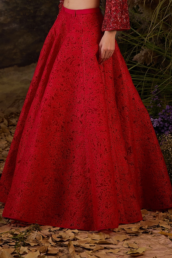 Red Organza Silk & Net Silk Thread Embroidered Skirt Set by Samant Chauhan at Pernia's Pop Up Shop
