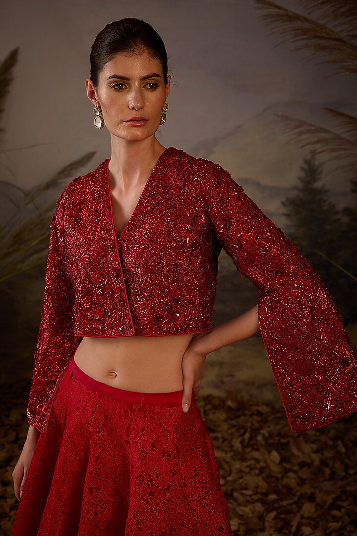 Red Organza Silk & Net Silk Thread Embroidered Skirt Set by Samant Chauhan at Pernia's Pop Up Shop