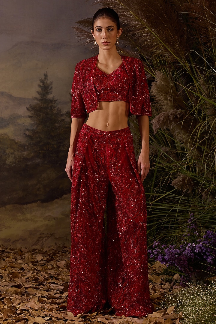 Red Organza Silk Jacket Set by Samant Chauhan at Pernia's Pop Up Shop