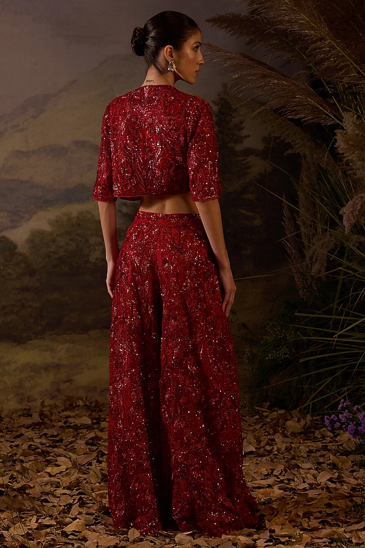 Red Organza Silk Jacket Set by Samant Chauhan at Pernia's Pop Up Shop