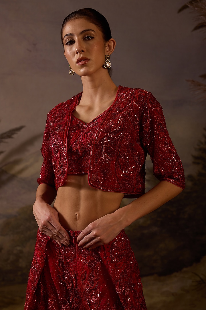 Red Organza Silk Jacket Set by Samant Chauhan at Pernia's Pop Up Shop