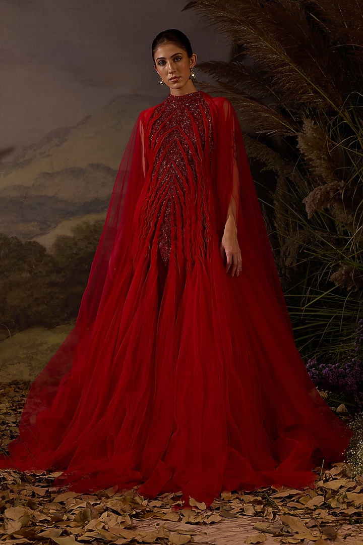 Red Cotton Silk Zardosi Embroidered Wedding Gown by Samant Chauhan at Pernia's Pop Up Shop