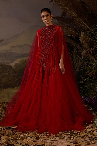 Red Cotton Silk Zardosi Embroidered Gown by Samant Chauhan