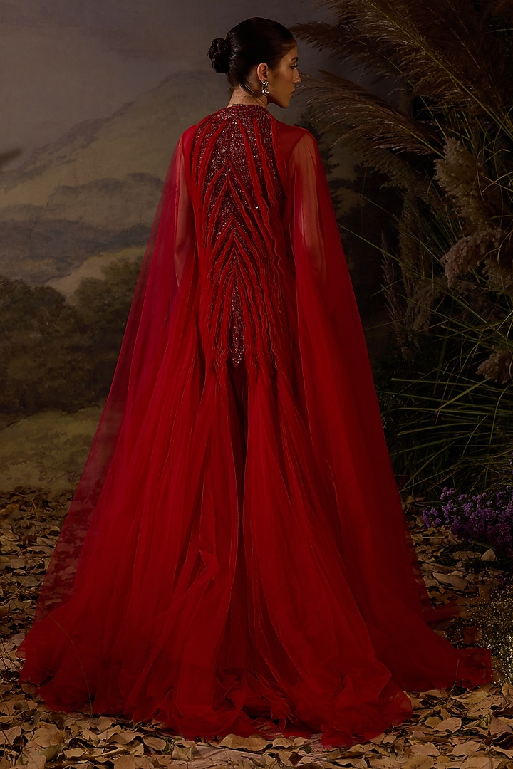 Red Cotton Silk Zardosi Embroidered Wedding Gown by Samant Chauhan at Pernia's Pop Up Shop