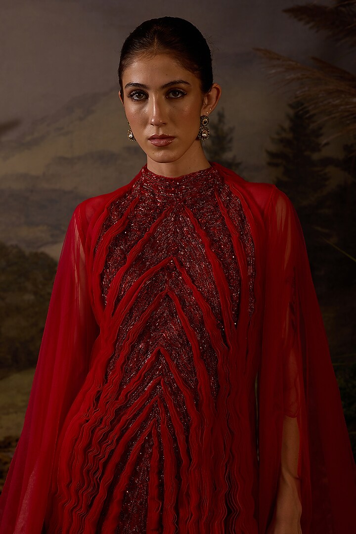 Red Cotton Silk Zardosi Embroidered Wedding Gown by Samant Chauhan at Pernia's Pop Up Shop