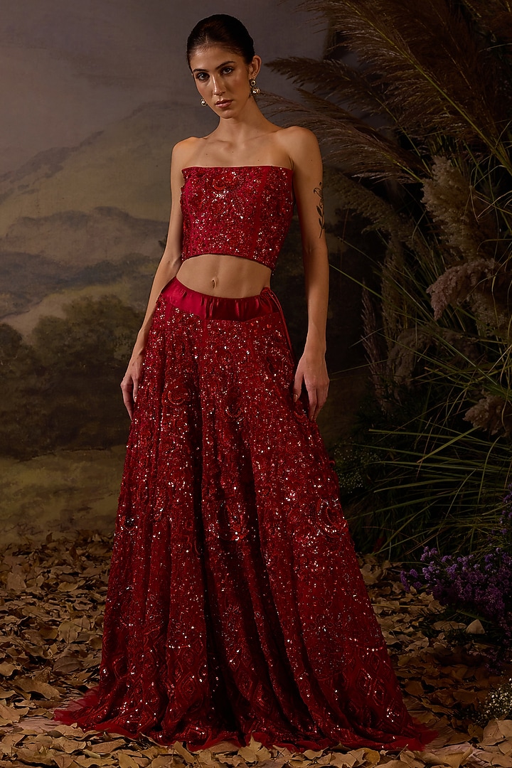 Red Organza Silk Zardosi Embroidered Skirt Set by Samant Chauhan at Pernia's Pop Up Shop