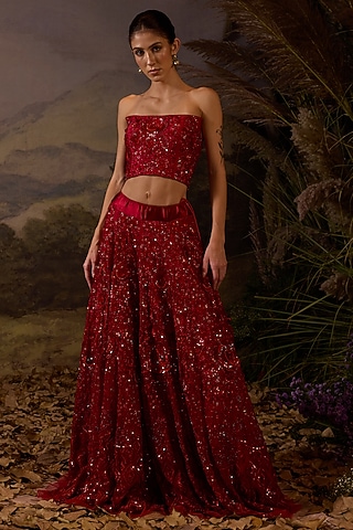 Red Organza Silk Zardosi Embroidered Skirt Set by Samant Chauhan