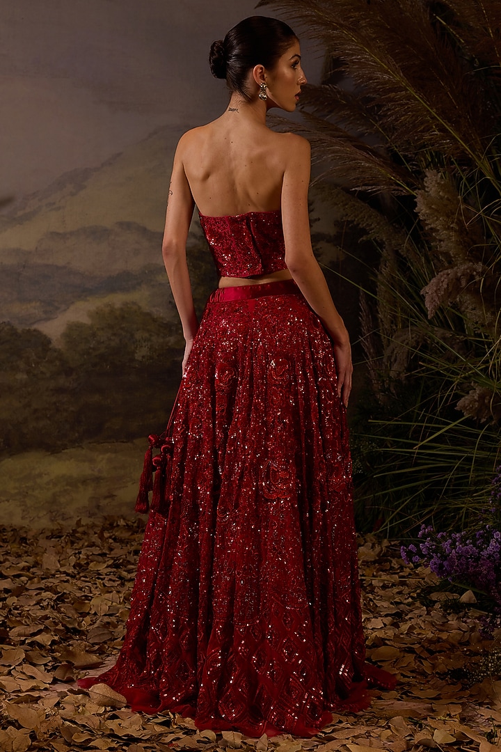 Red Organza Silk Zardosi Embroidered Skirt Set by Samant Chauhan at Pernia's Pop Up Shop