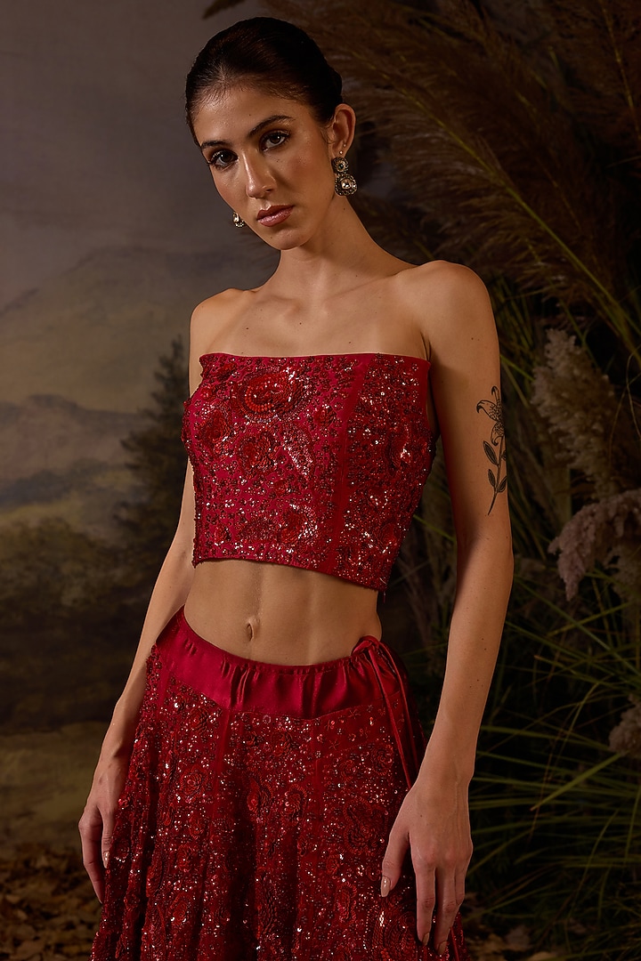 Red Organza Silk Zardosi Embroidered Skirt Set by Samant Chauhan at Pernia's Pop Up Shop