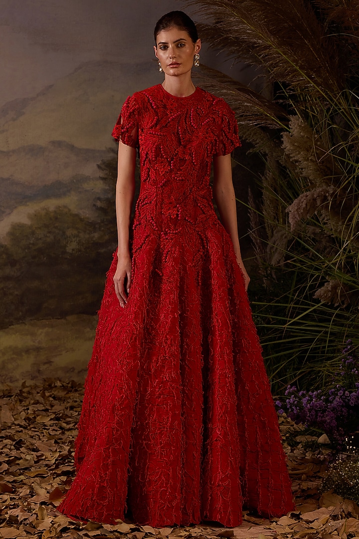 Red Cotton Silk Zardosi & Silk Thread Embroidered Wedding Gown by Samant Chauhan at Pernia's Pop Up Shop