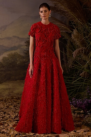 Red Cotton Silk Zardosi & Silk Thread Embroidered Gown by Samant Chauhan