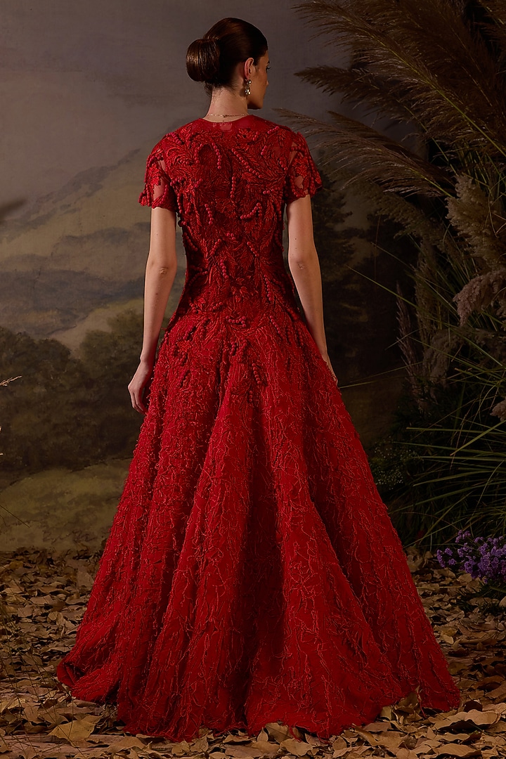 Red Cotton Silk Zardosi & Silk Thread Embroidered Wedding Gown by Samant Chauhan at Pernia's Pop Up Shop