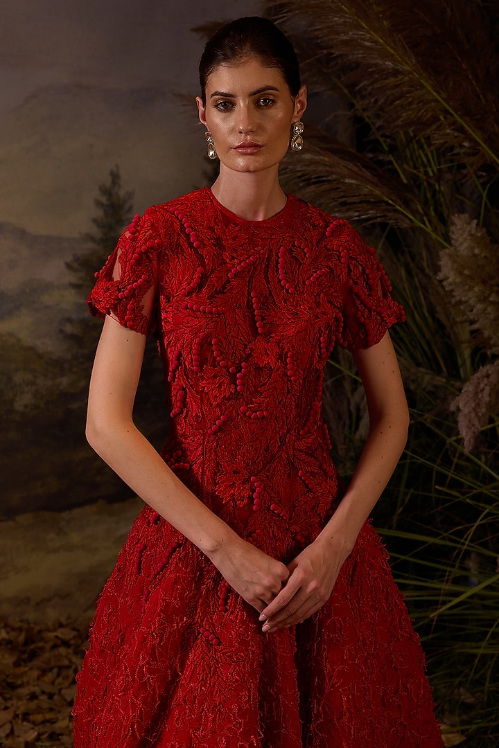 Red Cotton Silk Zardosi & Silk Thread Embroidered Wedding Gown by Samant Chauhan at Pernia's Pop Up Shop